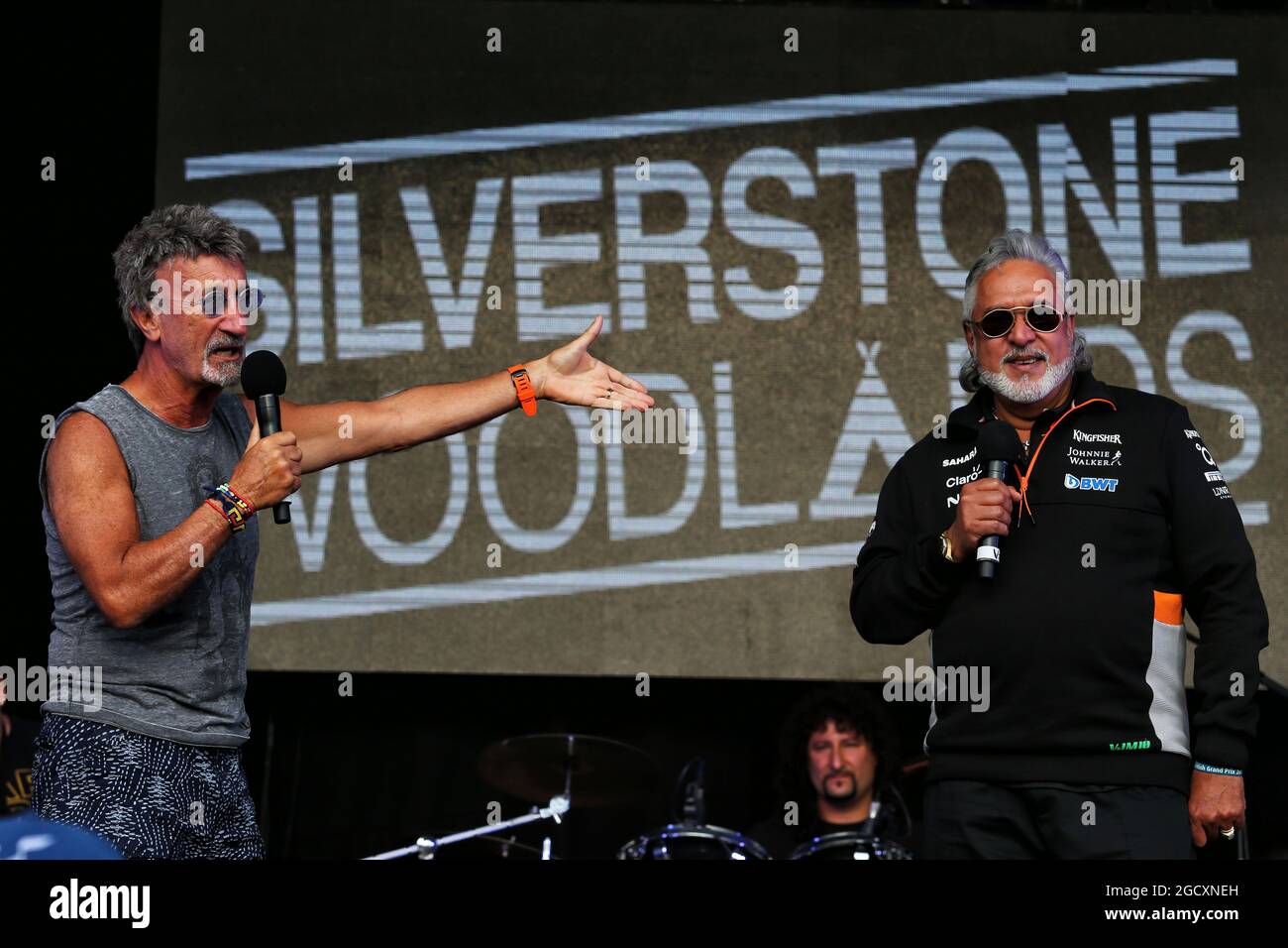 (L to R): Eddie Jordan (IRE) and Dr. Vijay Mallya (IND) Sahara Force India F1 Team Owner at the Silverstone Woodlands Campsite. British Grand Prix, Friday 14th July 2017. Silverstone, England. Stock Photo