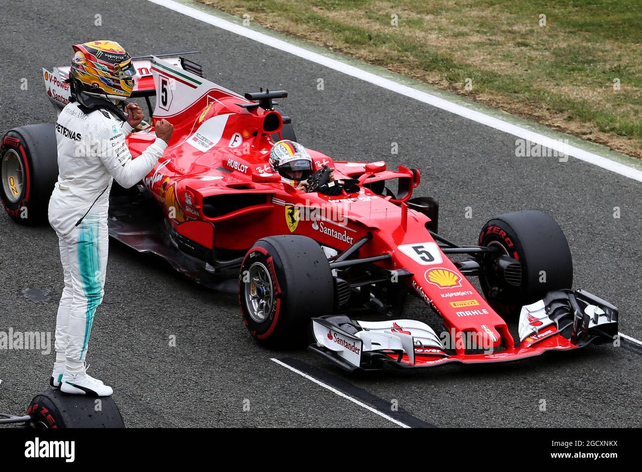 Lewis Hamilton (GBR) Mercedes AMG F1 W08 celebrates his pole position