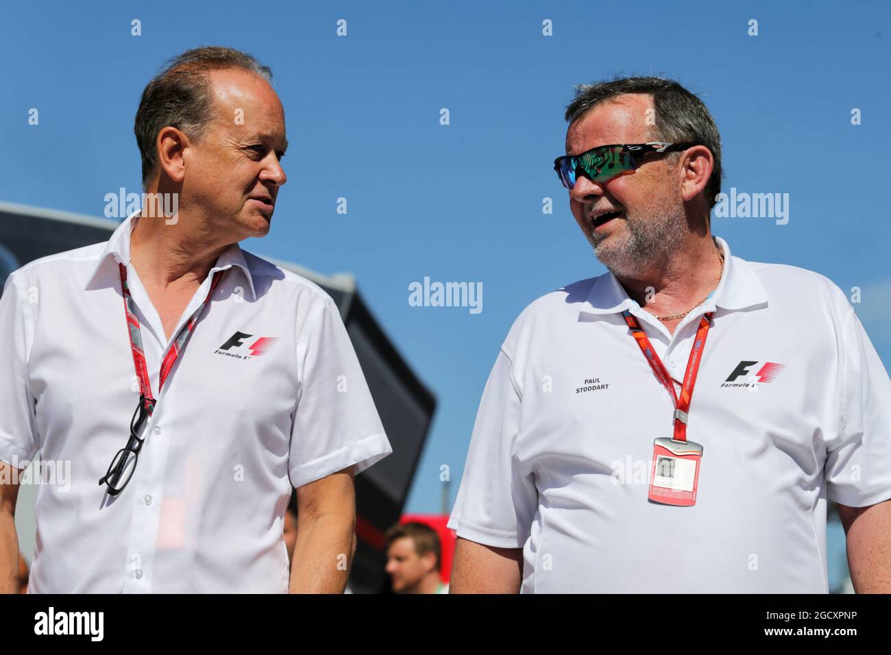 Paul Stoddart (AUS) Two-Seater F1 Experiences Racing Car (Right). Hungarian Grand Prix, Sunday 30th July 2017. Budapest, Hungary. Stock Photo