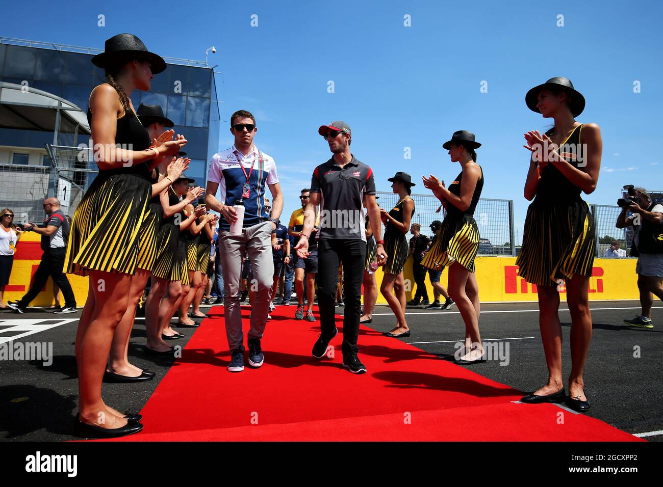 (L to R): Paul di Resta (GBR) Williams Reserve Driver and Romain Grosjean (FRA) Haas F1 Team on the drivers parade. Hungarian Grand Prix, Sunday 30th July 2017. Budapest, Hungary. Stock Photo