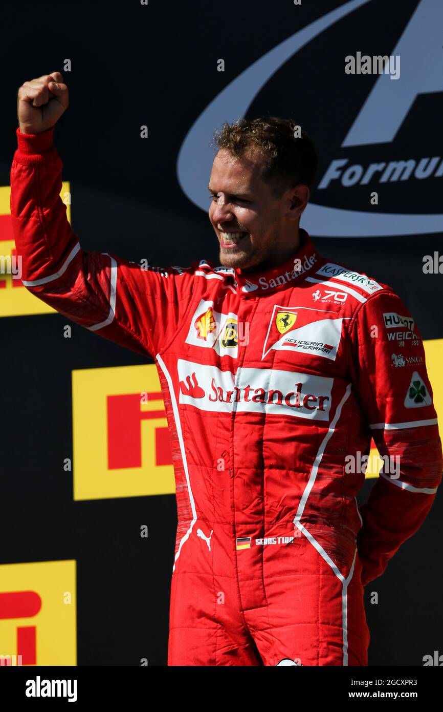 Race winner Sebastian Vettel (GER) Ferrari celebrates on the podium. Hungarian Grand Prix, Sunday 30th July 2017. Budapest, Hungary. Stock Photo