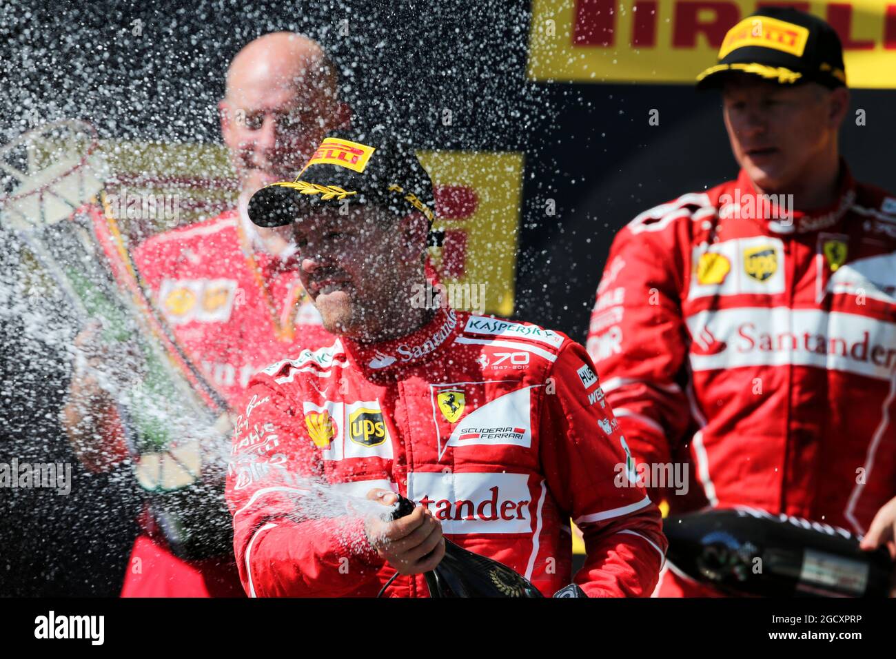 Race winner Sebastian Vettel (GER) Ferrari celebrates on the podium. Hungarian Grand Prix, Sunday 30th July 2017. Budapest, Hungary. Stock Photo