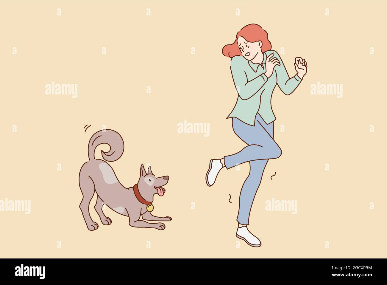 Fear of dogs animals concept. Young stressed girl feeling afraid running away from friendly playing dog outdoors vector illustration Stock Vector Image & Art - Alamy Fear of dogs animals concept. Young stressed girl feeling afraid running away from friendly playing dog outdoors vector illustration Stock Vector Image & Art - Alamy