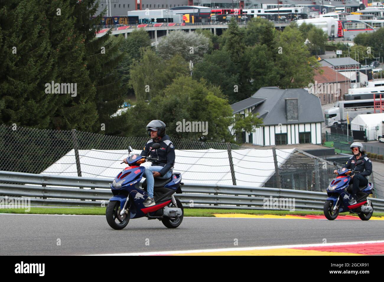 Carlos Sainz Jr (ESP) Scuderia Toro Rosso rides the circuit on a scooter.  Belgian Grand Prix, Thursday 24th August 2017. Spa-Francorchamps, Belgium  Stock Photo - Alamy