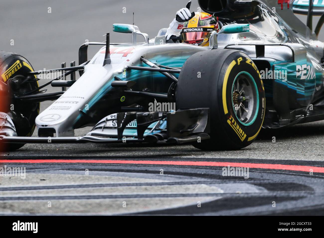Race winner Lewis Hamilton (GBR) Mercedes AMG F1 W08 celebrates at the ...