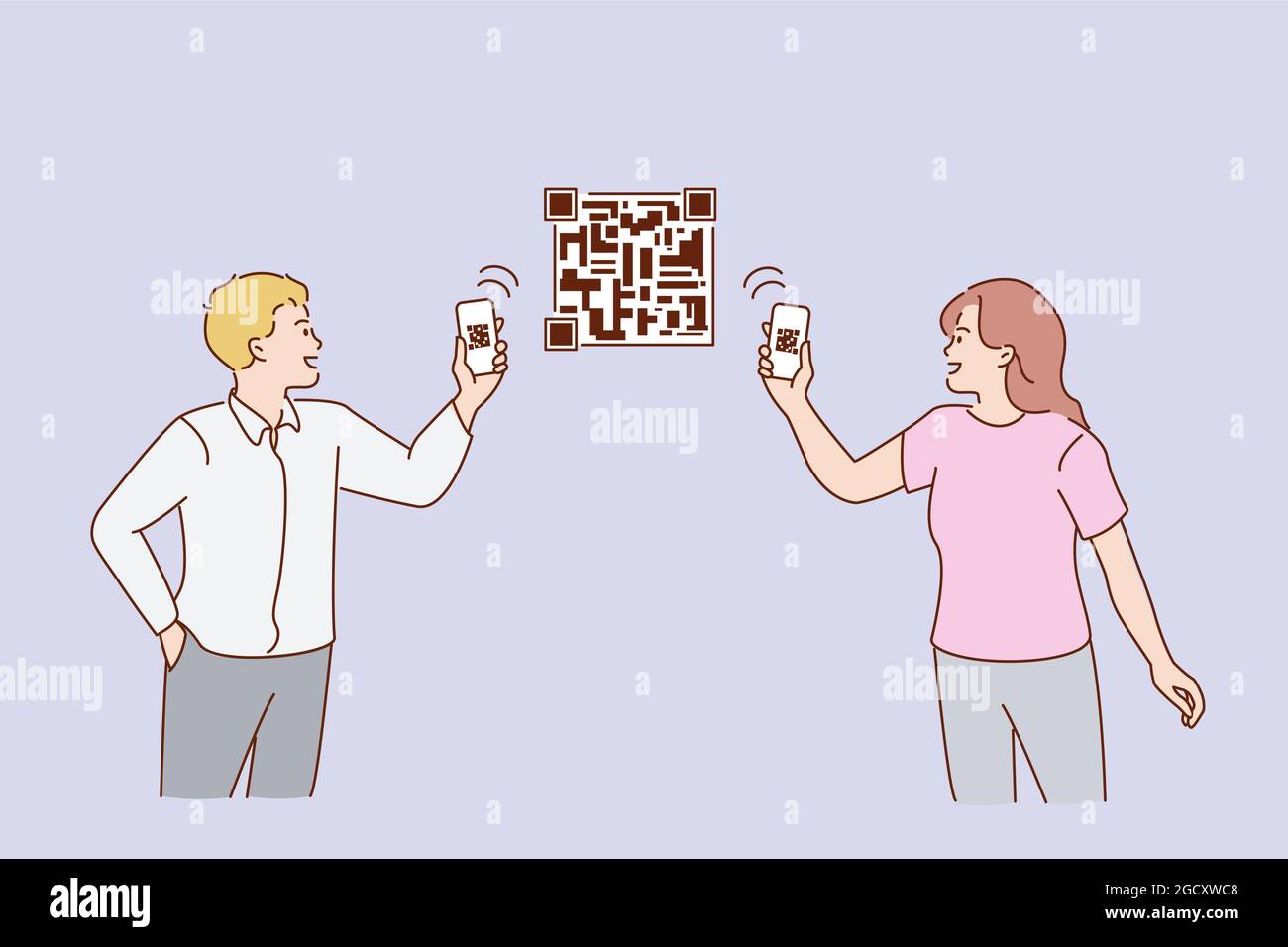 Scanning QR codes with phone concept. Young couple man and woman standing holding smartphones and scanning QR codes on picture together online vector illustration  Stock Vector
