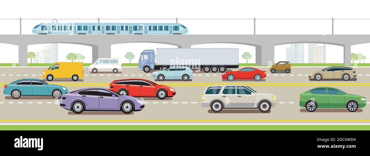 Motorway with express train, truck and passenger car Stock Vector