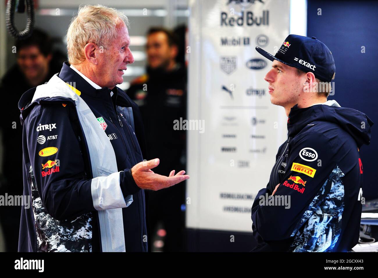 (L to R): Dr Helmut Marko (AUT) Red Bull Motorsport Consultant with Max Verstappen (NLD) Red Bull Racing. Japanese Grand Prix, Friday 6th October 2017. Suzuka, Japan. Stock Photo