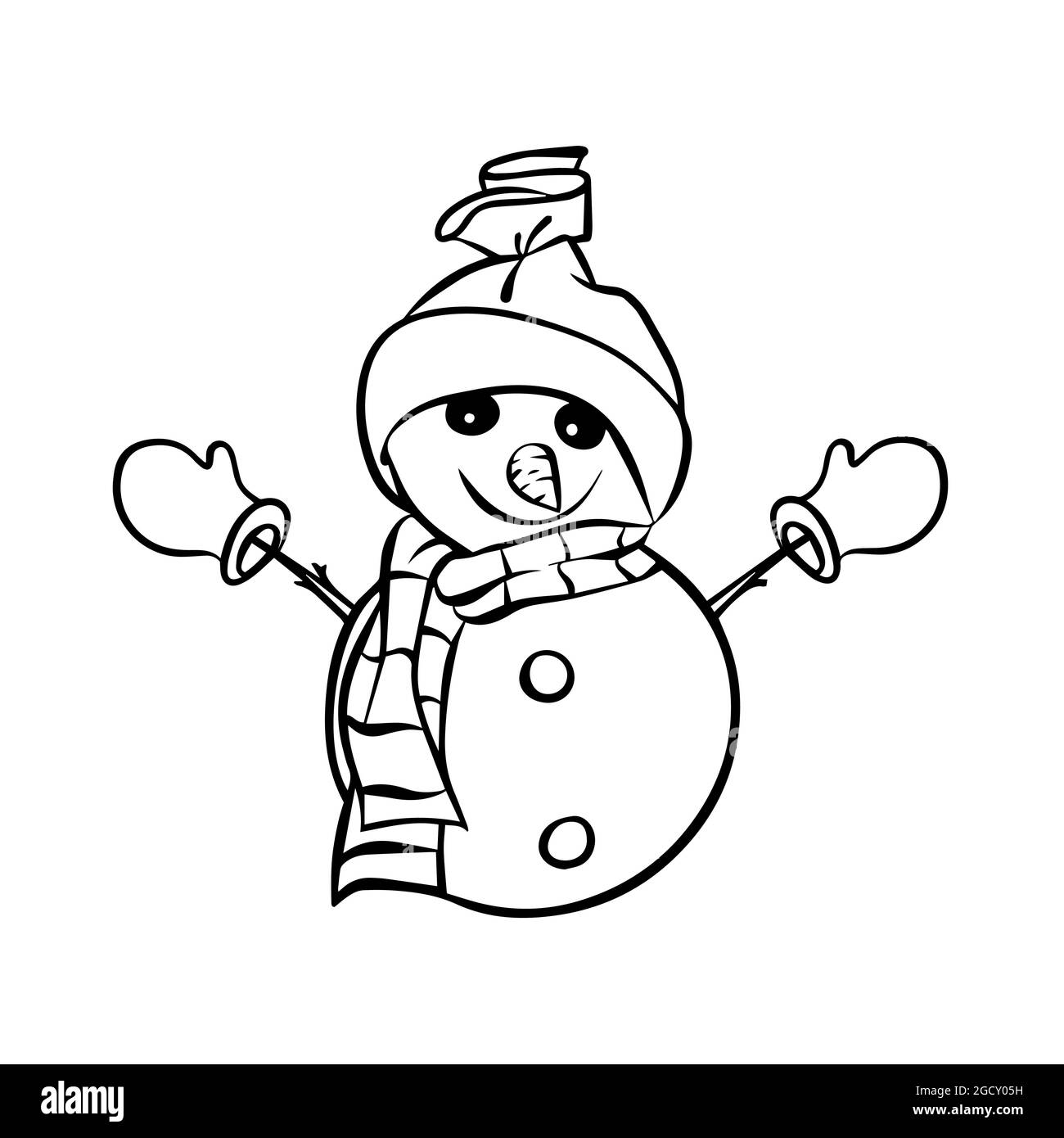 Cute snowman in a hat and scarf. Vector illustration in the doodle style. Suitable for anti-stress and children's coloring books Stock Vector