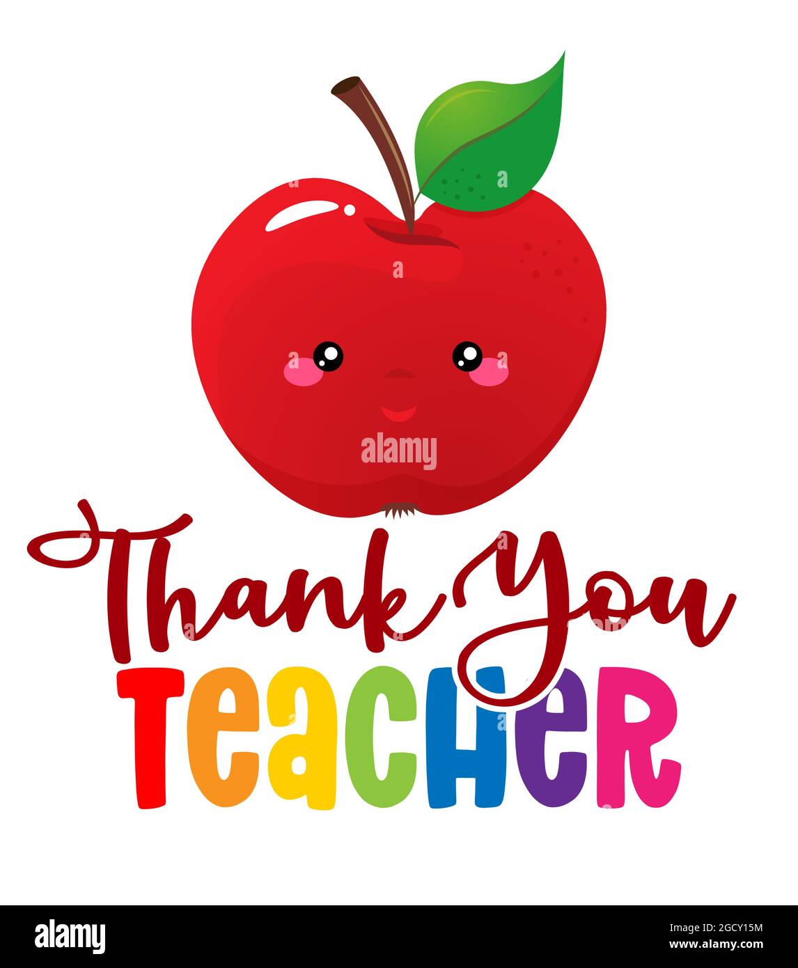 Thank you teacher - colorful calligraphy design. Thank you Gift card for Teacher's Day. Vector illustration on white background with red apple and pen Stock Vector