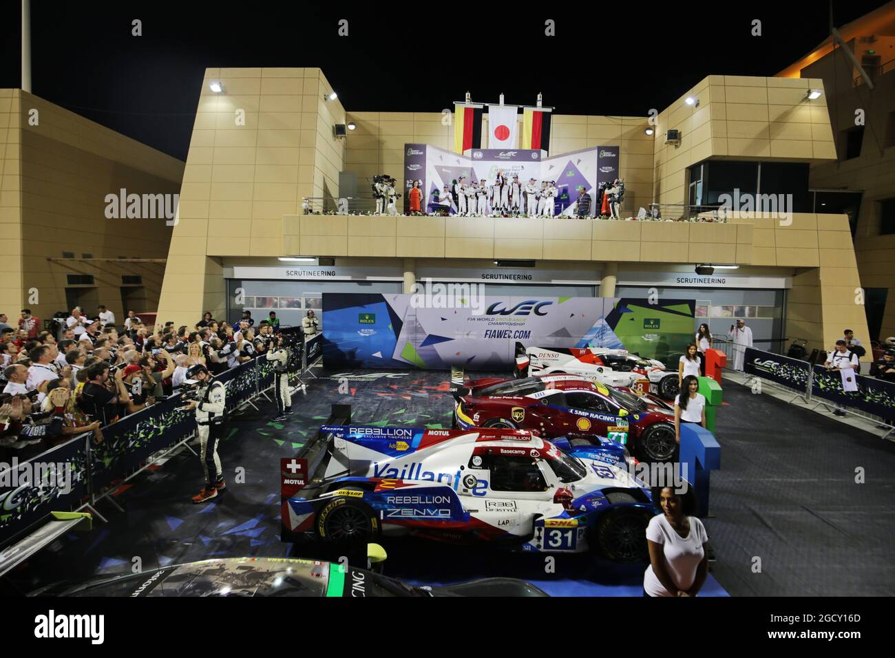 The podium and parc ferme. FIA World Endurance Championship, Round 9, Saturday 18th November 2017. Sakhir, Bahrain. Stock Photo