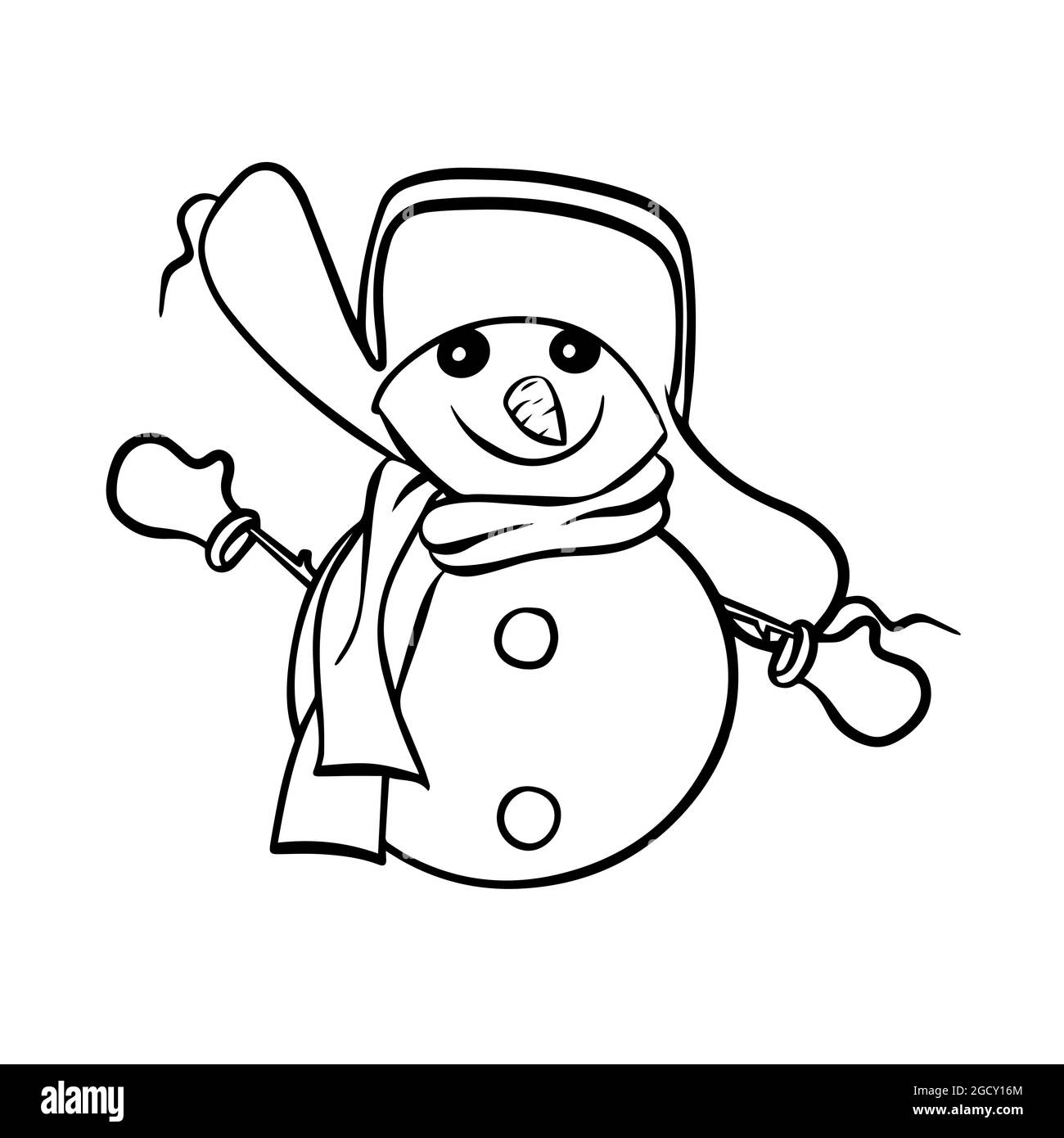 Cute snowman in a hat and scarf. Vector illustration in the doodle style. Suitable for anti-stress and children's coloring books Stock Vector