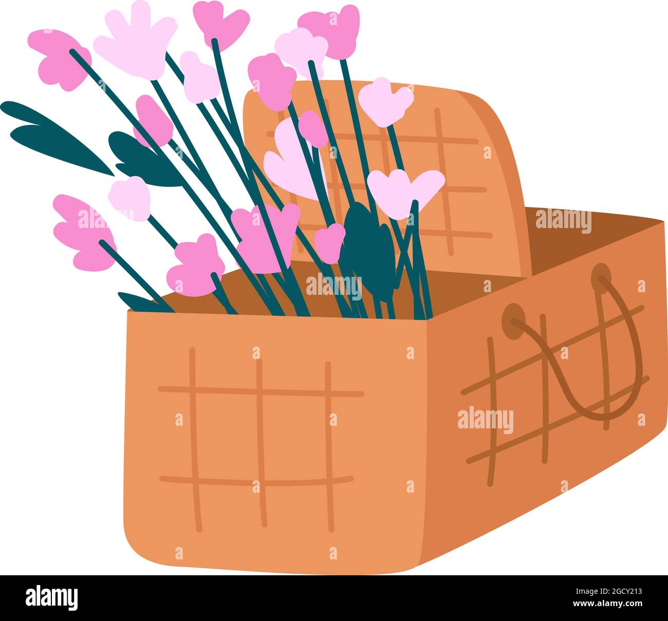 Picnic basket with flowers semi flat color vector object Stock Vector