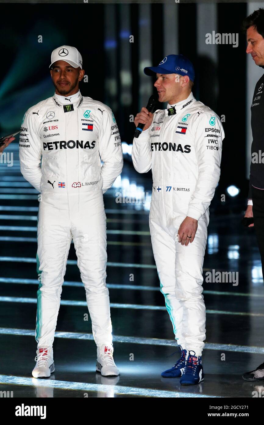 L to R): Lewis Hamilton (GBR) Mercedes AMG F1 with team mate Valtteri  Bottas (FIN) Mercedes AMG F1. Mercedes AMG F1 W09 Launch, Thursday 22nd  February 2018. Silverstone, England Stock Photo - Alamy