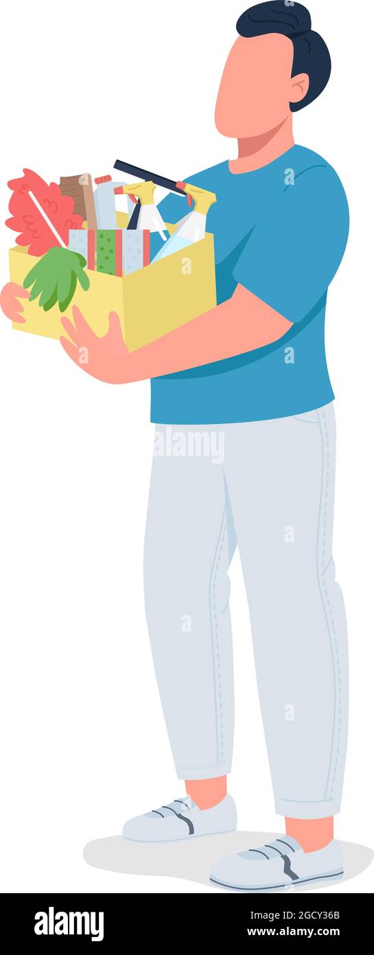 Guy with cleaning supplies semi flat color vector character Stock Vector