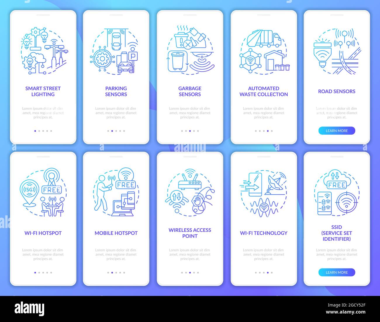 Smart city technologies gradient blue onboarding mobile app page screen ...