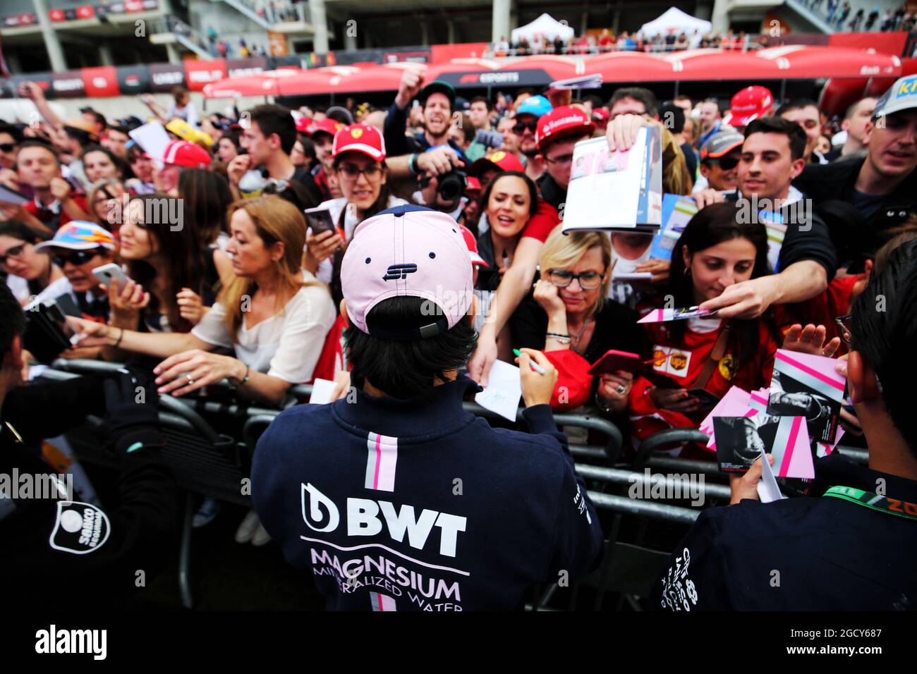 Sergio Perez (MEX) Sahara Force India F1 signs autographs for the fans in the F1 Fanzone. Spanish Grand Prix, Thursday 10th May 2018. Barcelona, Spain. Stock Photo