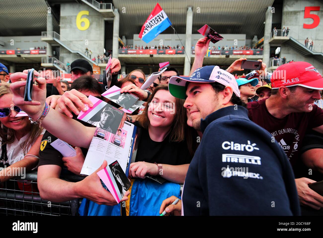 Sergio Perez (MEX) Sahara Force India F1 with fans in the F1 Fanzone. Spanish Grand Prix, Thursday 10th May 2018. Barcelona, Spain. Stock Photo