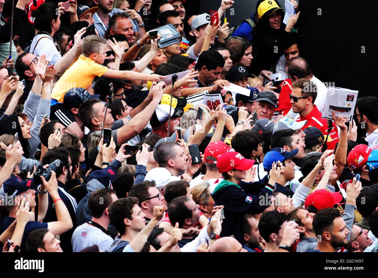 Sebastian Vettel (GER) Ferrari with fans in the F1 Fanzone. Spanish Grand Prix, Thursday 10th May 2018. Barcelona, Spain. Stock Photo