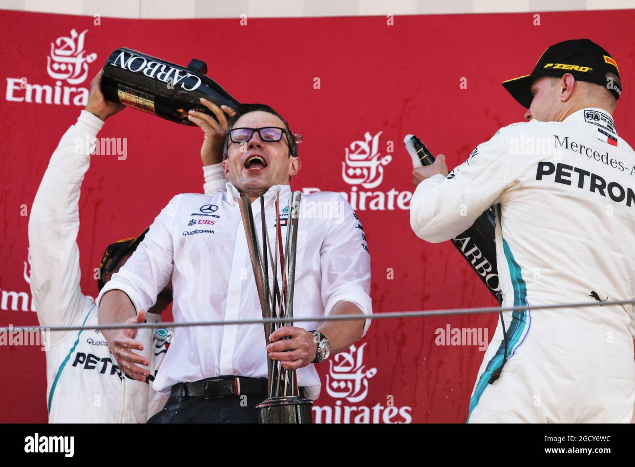 The podium (L to R): Race winner Lewis Hamilton (GBR) Mercedes AMG F1 ...