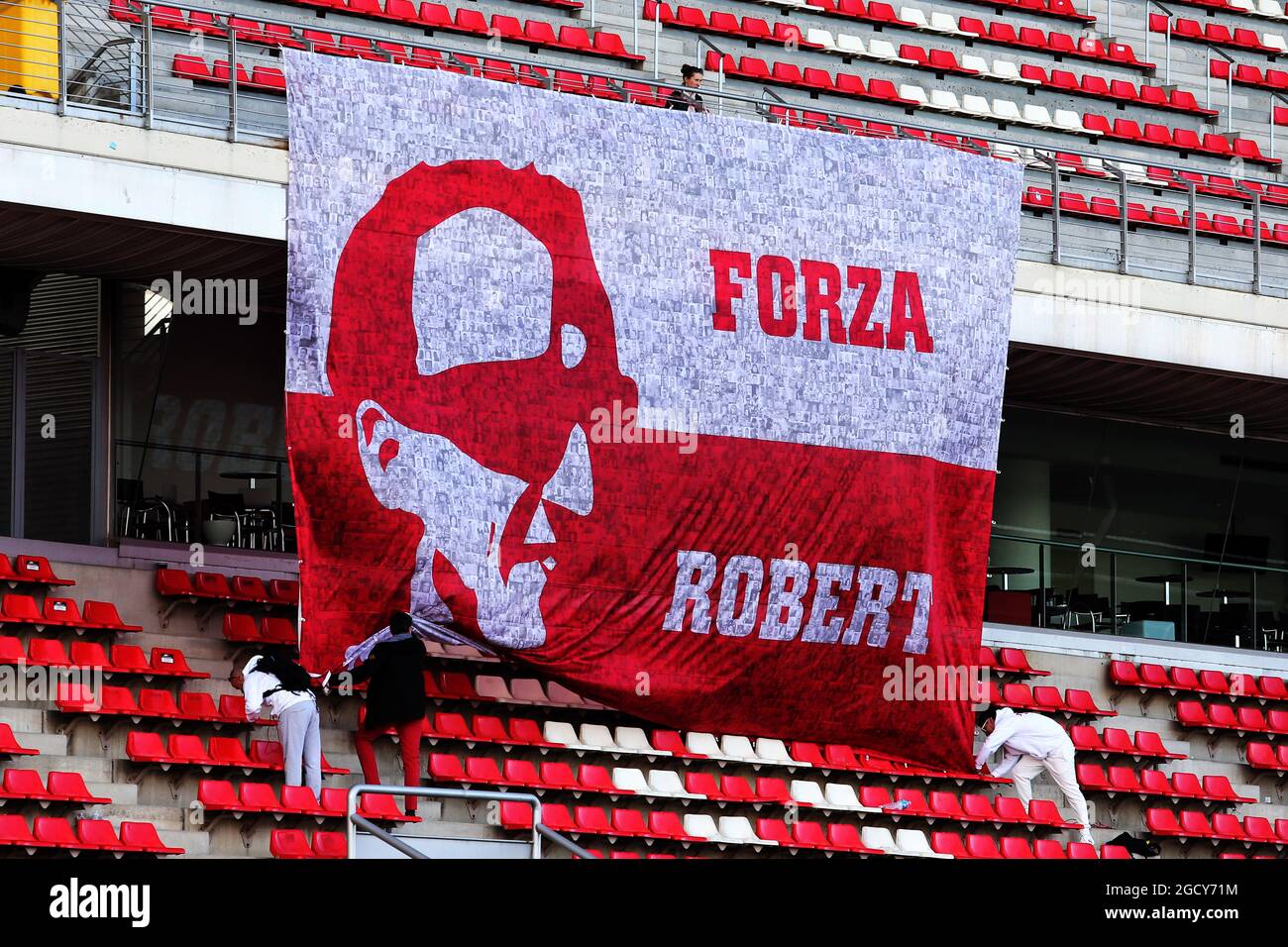 A large banner for Robert Kubica (POL) Williams Reserve and Development Driver. Formula One In Season Testing, Day 1, Tuesday 15th May 2018. Barcelona, Spain. Stock Photo