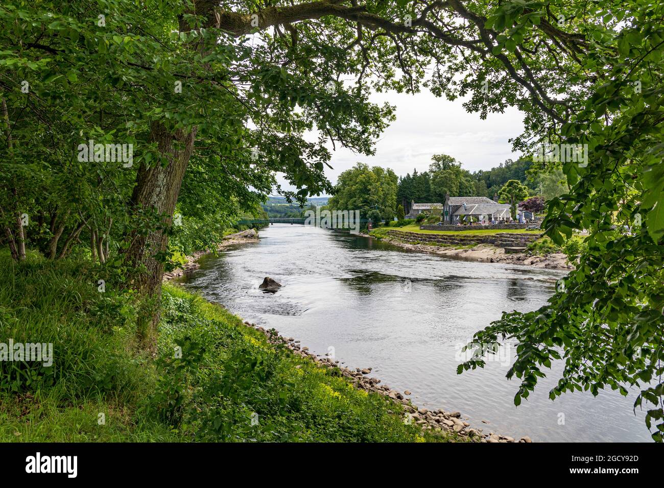 River Tummel at Pitlochry.   The Tummel hydro-electric power scheme is an interconnected network of dams, power stations, aqueducts and electric power. Stock Photo