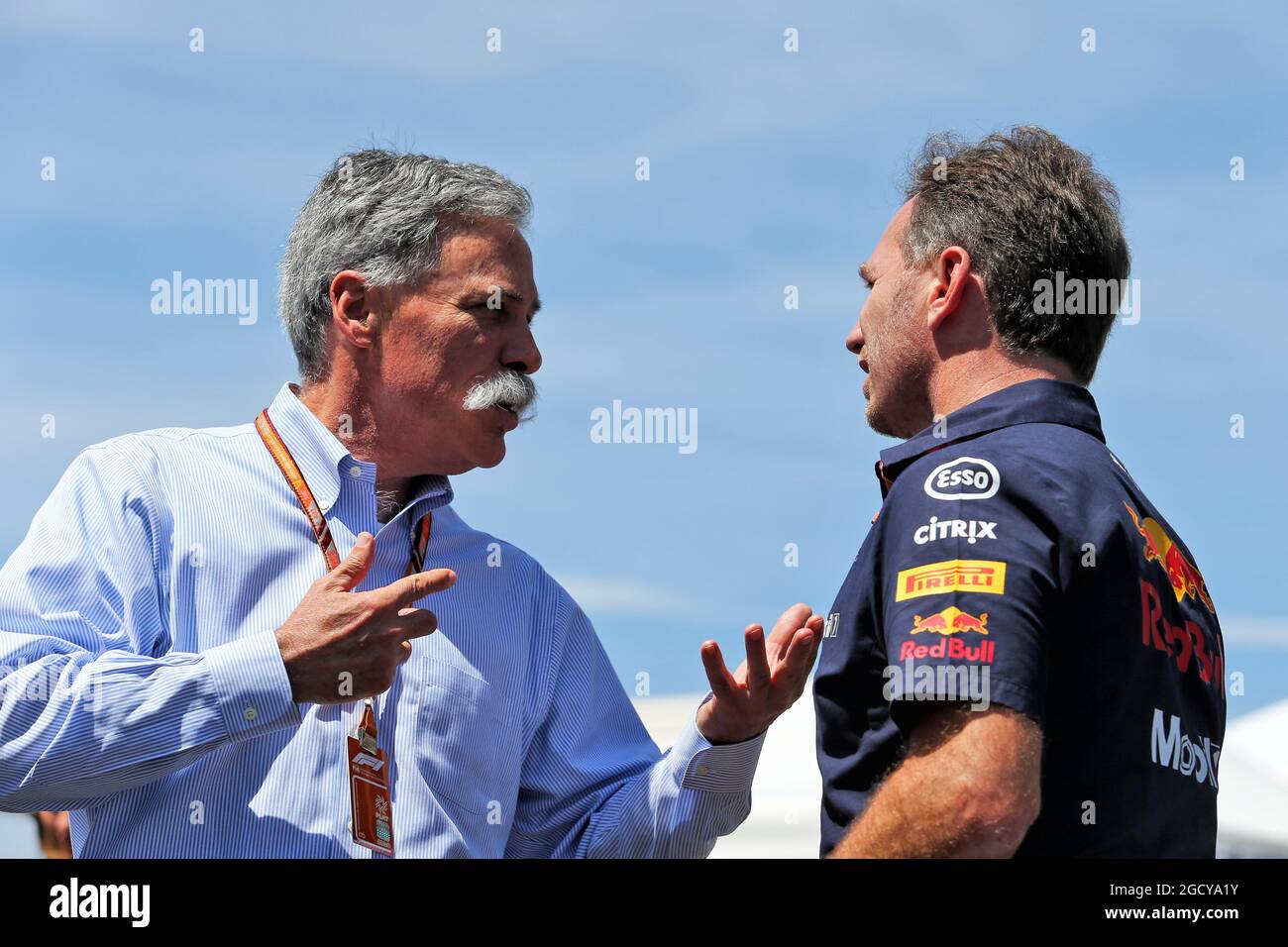 (L to R): Chase Carey (USA) Formula One Group Chairman with Christian Horner (GBR) Red Bull Racing Team Principal. French Grand Prix, Friday 22nd June 2018. Paul Ricard, France. Stock Photo