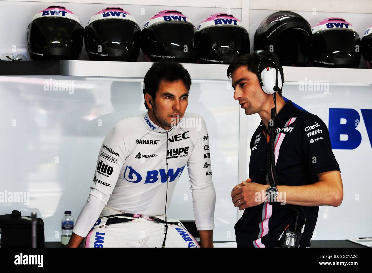 Sergio Perez (MEX) Sahara Force India F1 with Tim Wright (GBR) Sahara Force India F1 Team Race Engineer. French Grand Prix, Friday 22nd June 2018. Paul Ricard, France. Stock Photo