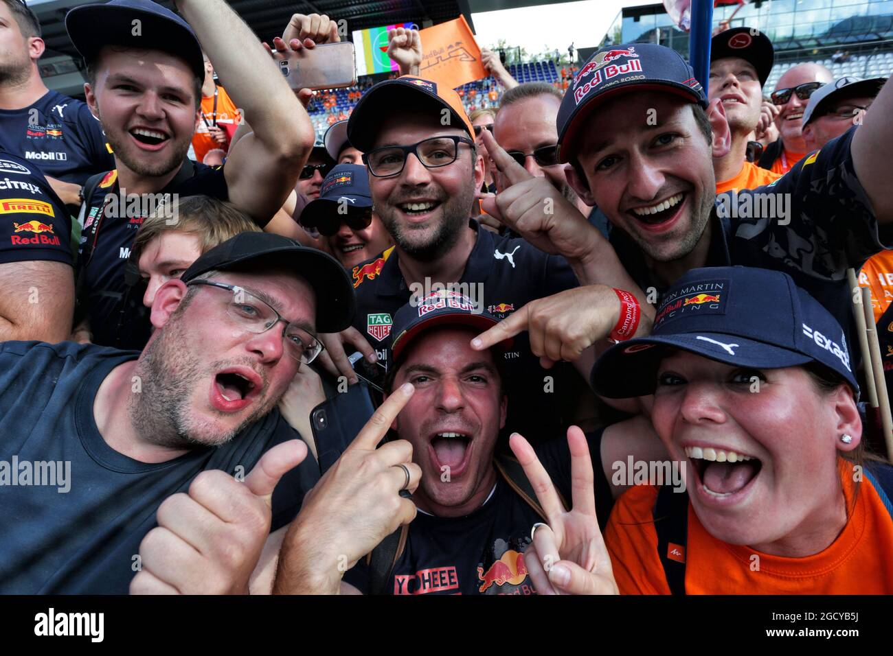Red Bull Racing fans celebrate victory for Max Verstappen (NLD) Red Bull Racing. Austrian Grand Prix, Sunday 1st July 2018. Spielberg, Austria. Stock Photo