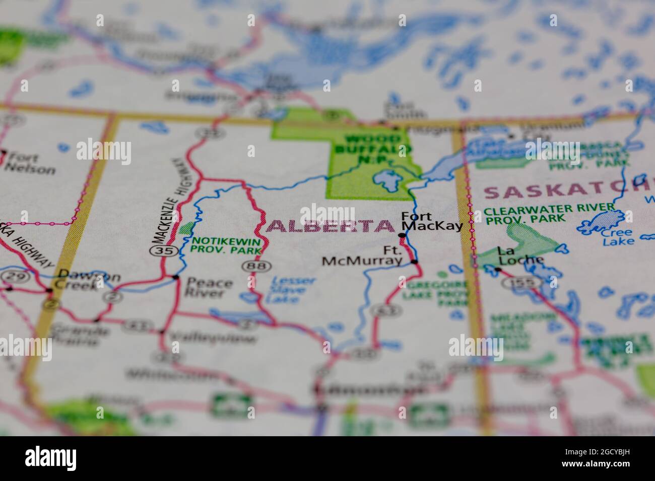 Alberta Canada shown on a road map or Geography map Stock Photo