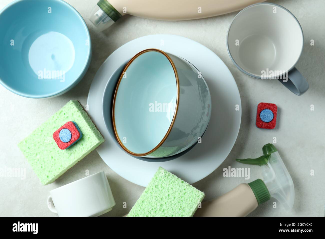 Concept of Dishwashing detergent accessories, top view Stock Photo Alamy