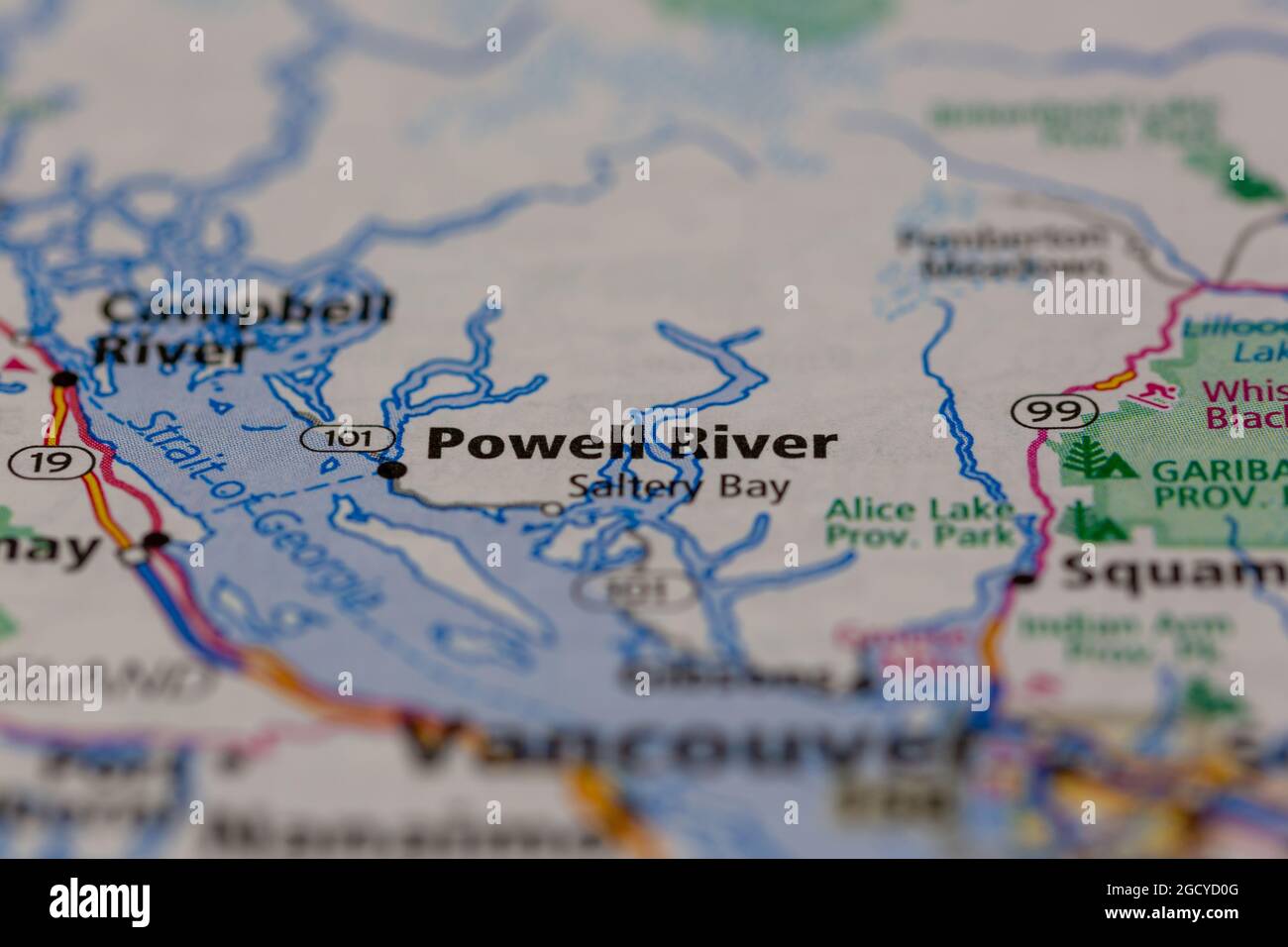 Powell River British Columbia Canada shown on a road map or Geography map Stock Photo