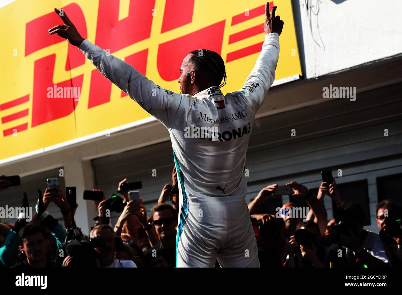Race winner Lewis Hamilton (GBR) Mercedes AMG F1 celebrates in parc ...
