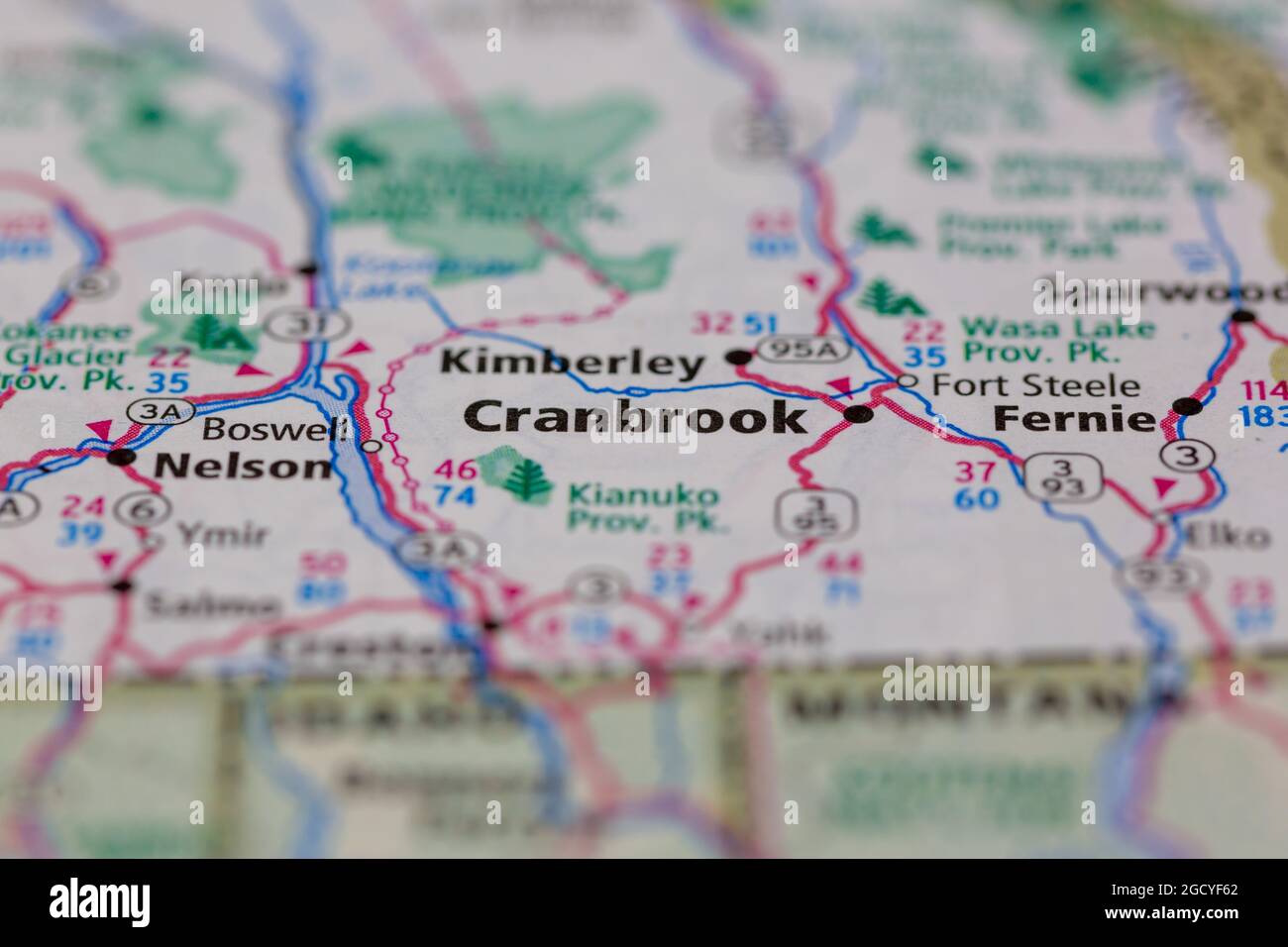 Cranbrook British Columbia Canada shown on a road map or Geography map