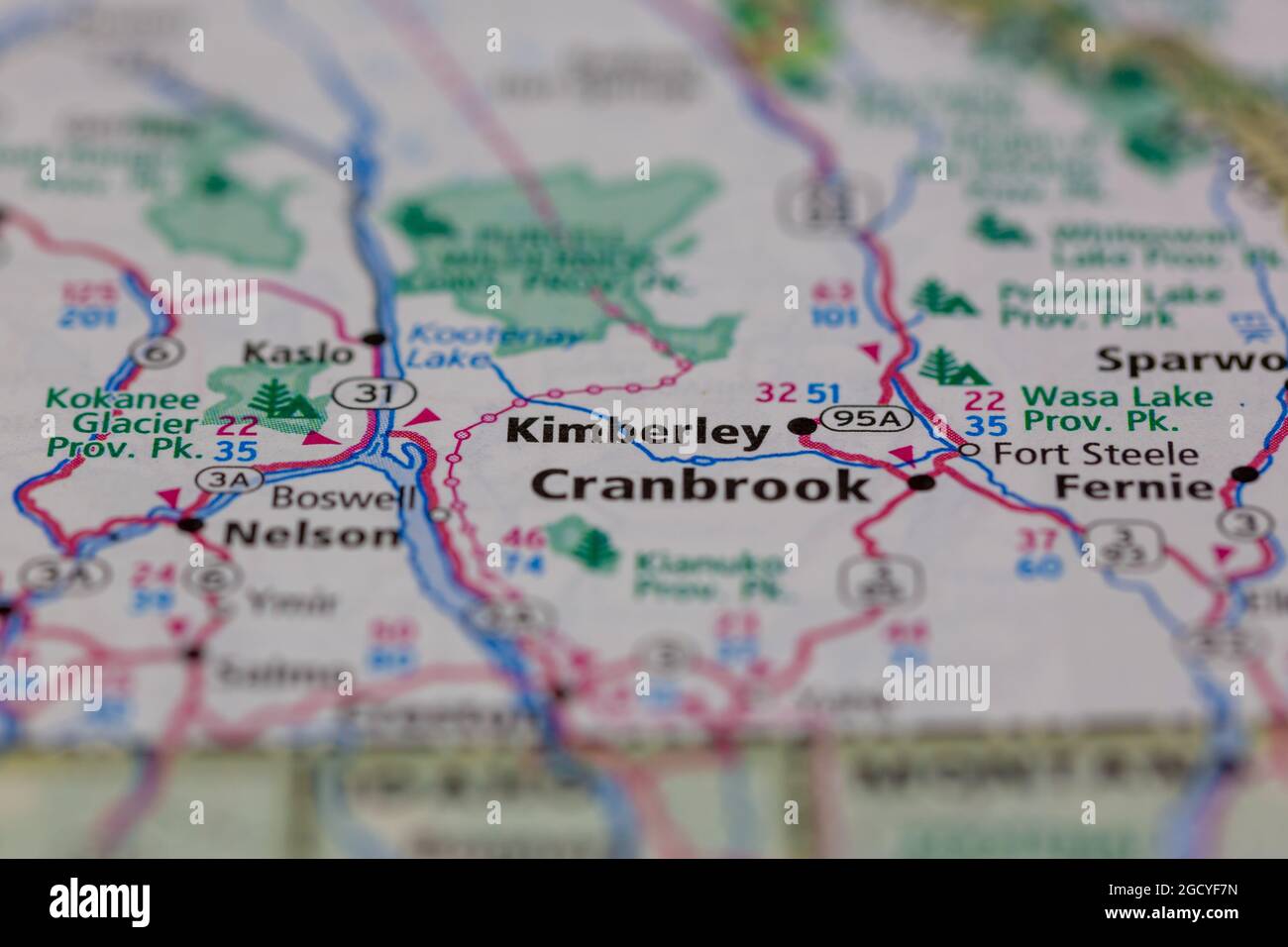 Kimberley British Columbia Canada shown on a road map or Geography map Stock Photo