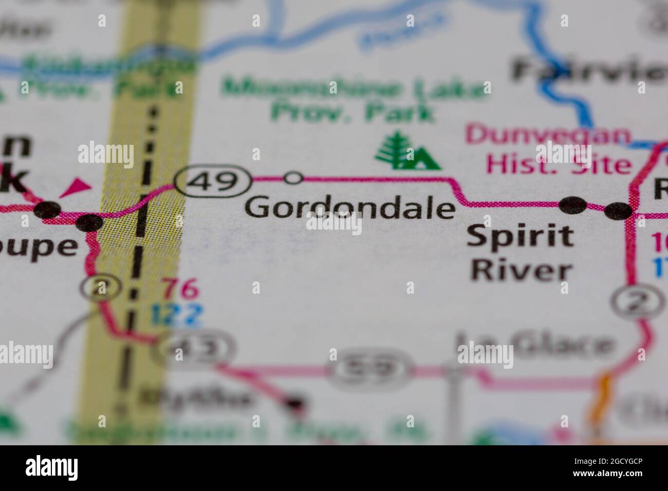 Gordondale Alberta Canada shown on a road map or Geography map Stock