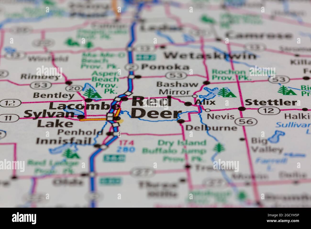 Red Deer Alberta Canada shown on a road map or Geography map Stock Photo