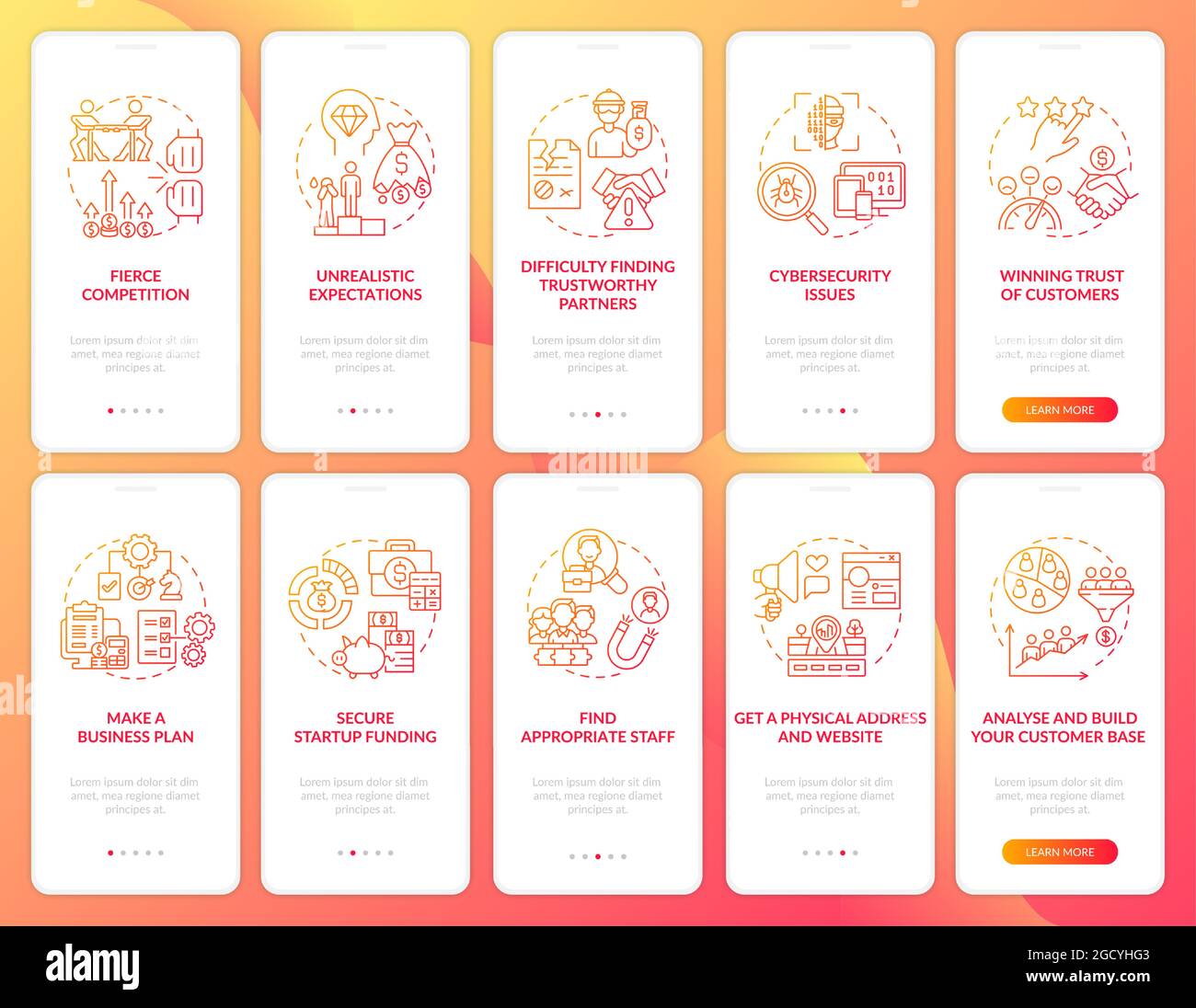 Startup launch red onboarding mobile app page screen set Stock Vector ...