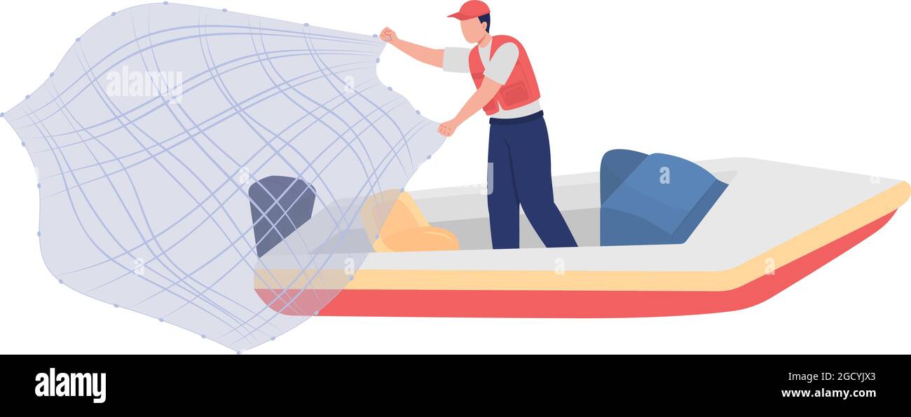Fisherman with throw net semi flat color vector character Stock Vector