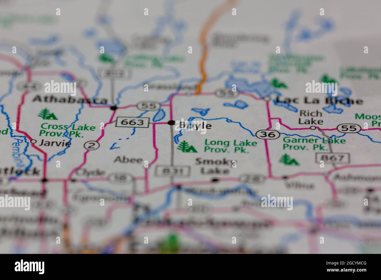 Boyle Alberta Canada shown on a road map or Geography map Stock Photo