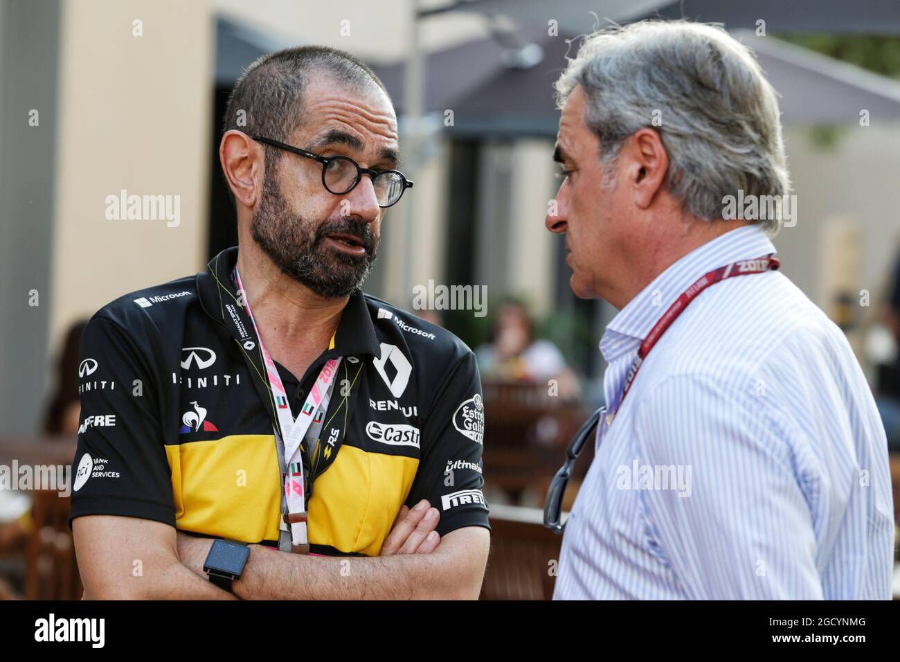 (L to R): Thierry Koskas (FRA) Renault Executive Vice President, Sales & Marketing with Carlos Sainz (ESP). Abu Dhabi Grand Prix, Saturday 24th November 2018. Yas Marina Circuit, Abu Dhabi, UAE. Stock Photo