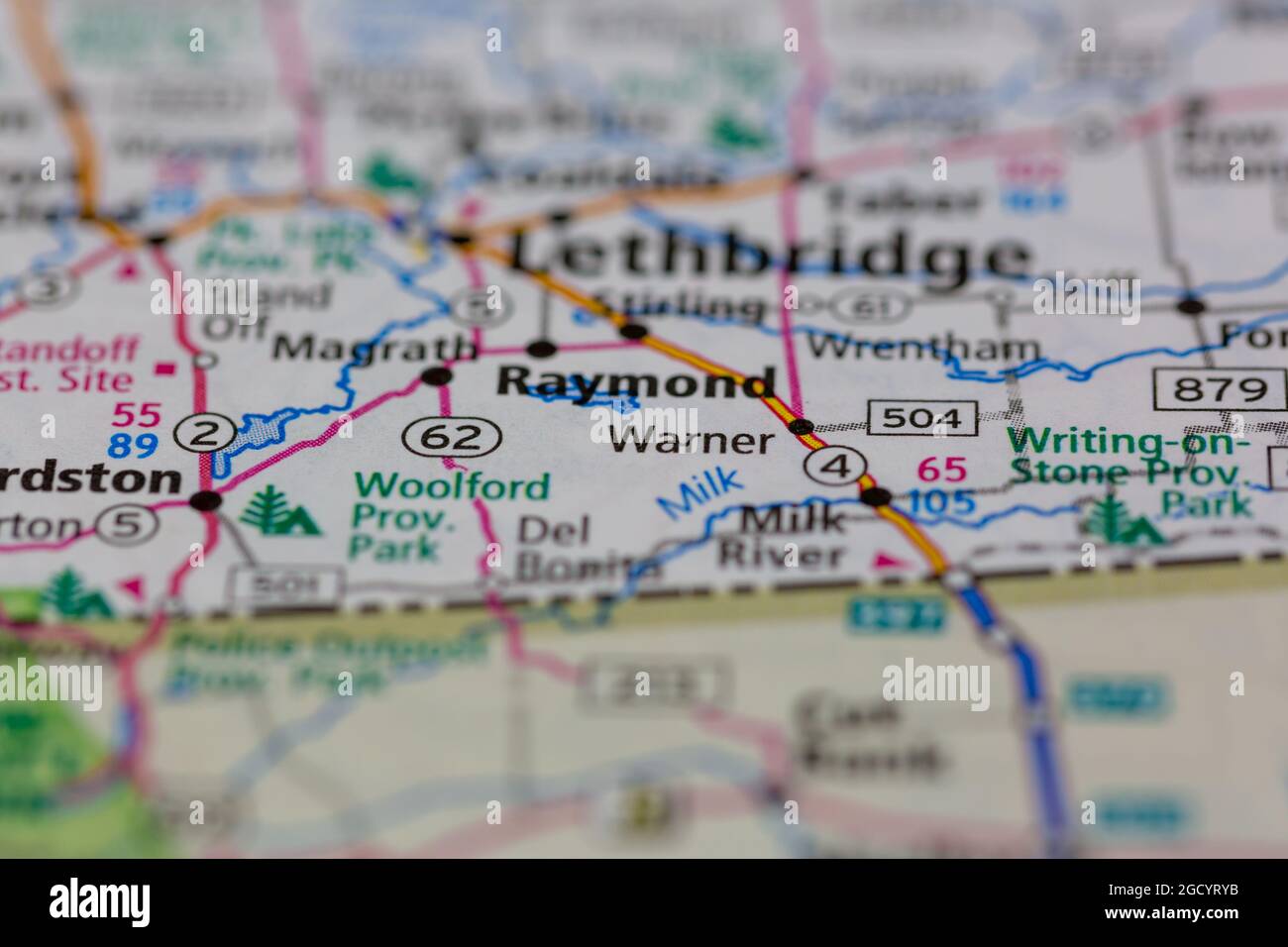 Warner Alberta Canada shown on a road map or Geography map Stock Photo