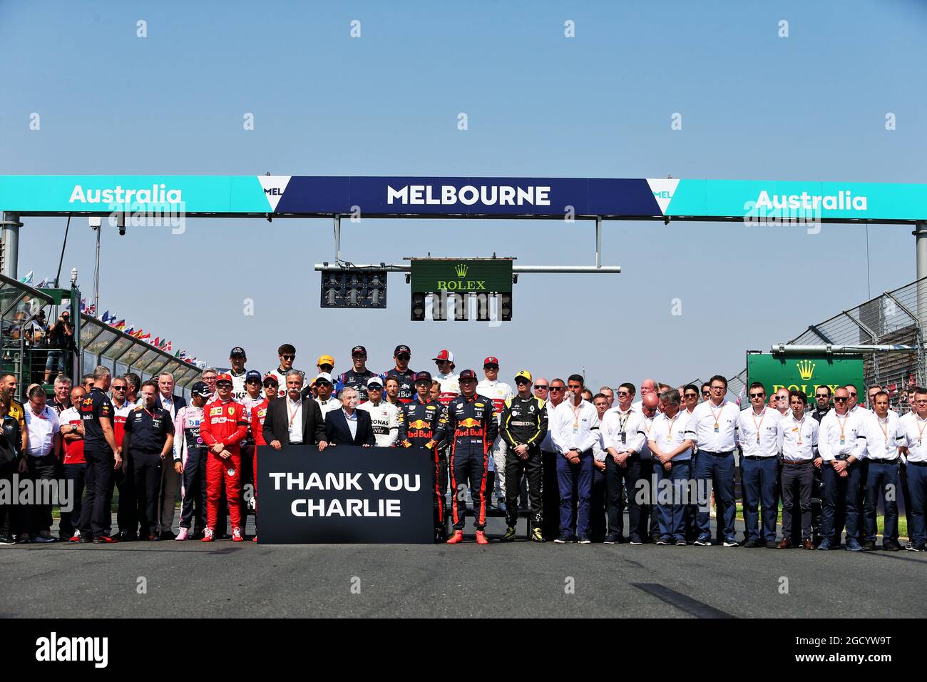 The teams and FIA pay respects to Charlie Whiting. Australian Grand Prix, Sunday 17th March 2019. Albert Park, Melbourne, Australia. Stock Photo