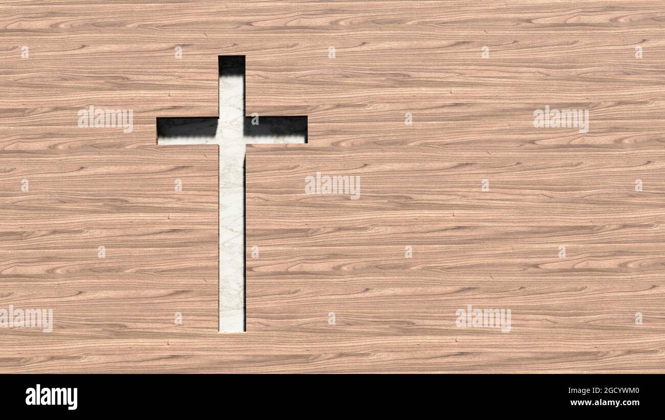 Concept or conceptual white marble cross on a natural wood or wooden deck background. 3d illustration metaphor for God, Christ, religious, faith, holy Stock Photo