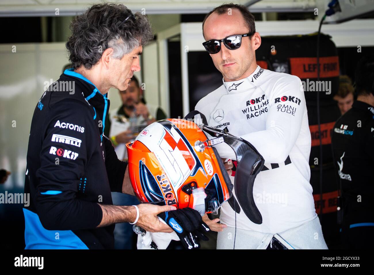 Robert Kubica (POL) Williams Racing and Edoardo Bendinelli (ITA) Personal Trainer. Bahrain Grand Prix, Friday 29th March 2019. Sakhir, Bahrain. Stock Photo