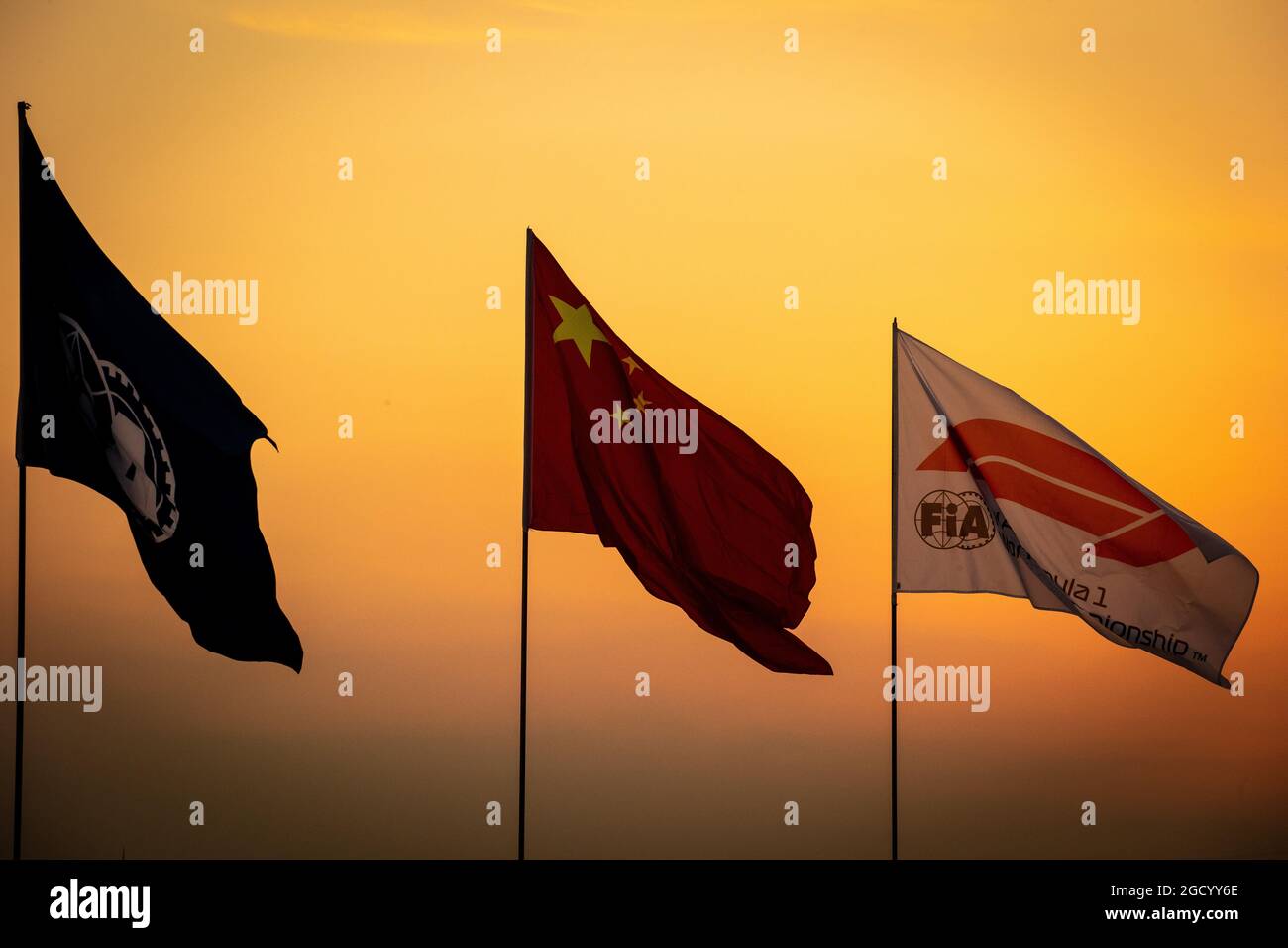 Atmosphere - flags at sunset. Chinese Grand Prix, Thursday 11th April 2019. Shanghai, China. Stock Photo