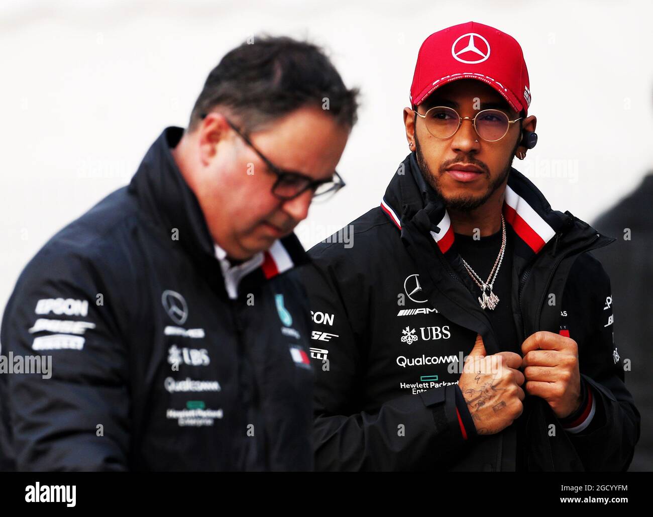 Lewis Hamilton (GBR) Mercedes AMG F1 and Ron Meadows (GBR) Mercedes GP Team Manager. Stock Photo