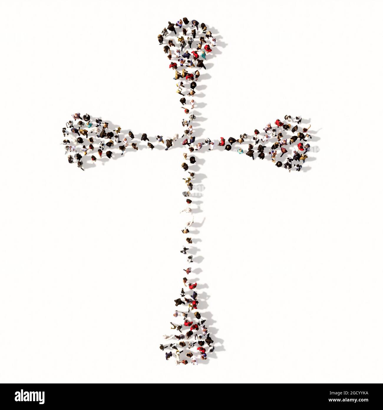 Concept or conceptual large community  of people forming the image of a religious christian cross. A 3d illustration metaphor for God, Christ Stock Photo