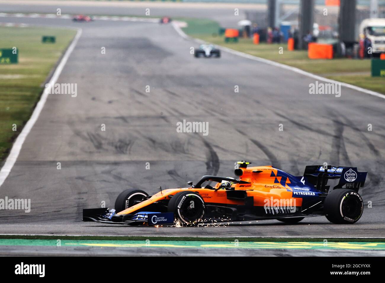 Lando Norris (GBR) McLaren MCL34 sends sparks flying. Chinese Grand Prix, Sunday 14th April 2019. Shanghai, China. Stock Photo
