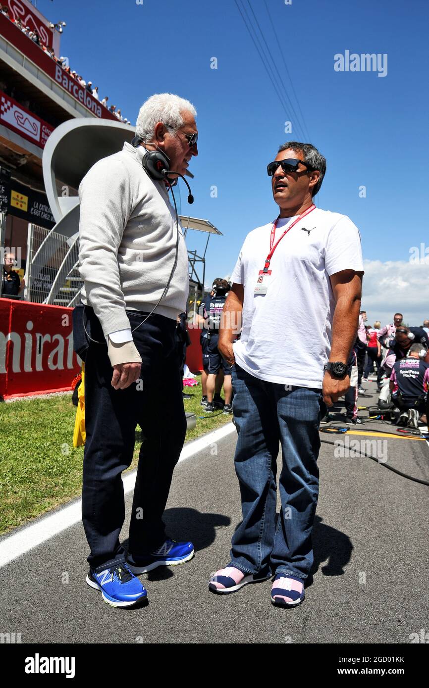 (L to R): Lawrence Stroll (CDN) Racing Point F1 Team Investor with Juan Pablo Montoya (COL) on the grid. Spanish Grand Prix, Sunday 12th May 2019. Barcelona, Spain. Stock Photo